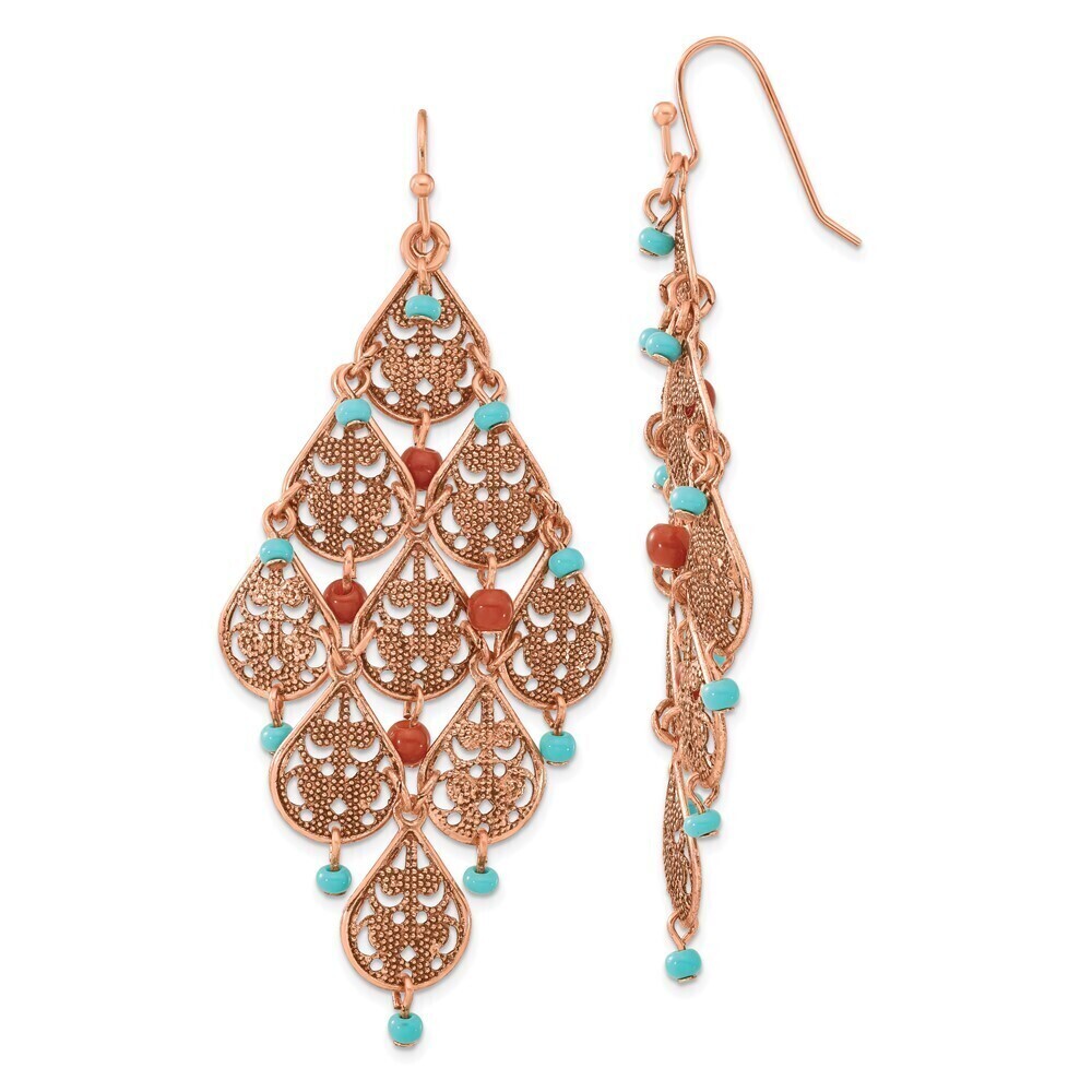 Copper-tone Filigree Pear Shaped, Aqua, Brown Acrylic Beads Chandelier Earrings